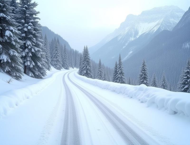 A snow-covered road winding through a winter landscape in the Austrian Alps, indicating challenging driving conditions.