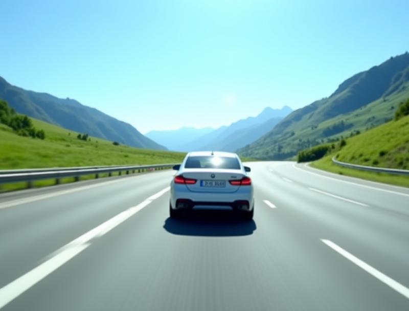 A modern car driving safely on a clear, well-maintained Austrian highway with scenic hills in the background.