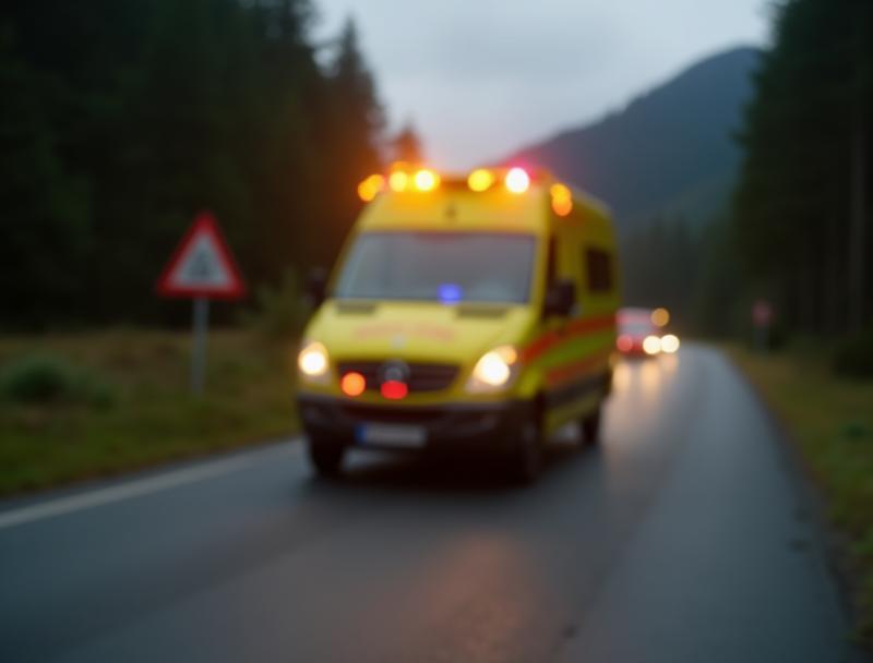 A yellow roadside assistance vehicle on an Austrian road, with its emergency lights flashing, providing help.