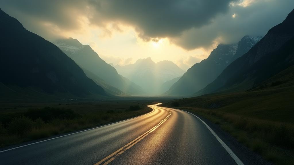 Scenic Austrian road curving through majestic mountains under a dramatic sky, symbolizing adventurous travel.