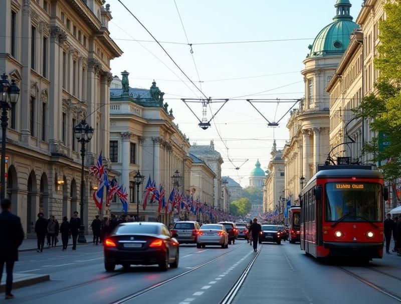 A bustling street scene in Vienna with historic buildings and city traffic, demonstrating urban driving.